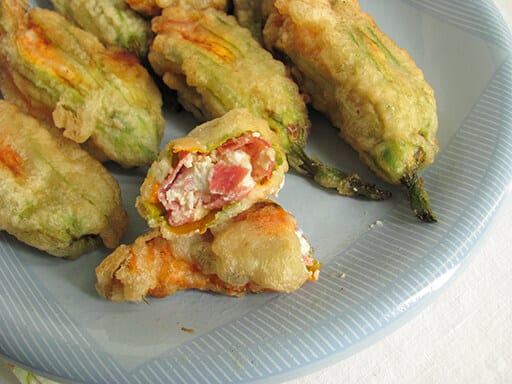 pumpkin flowers stuffed with ricotta cheese and salami